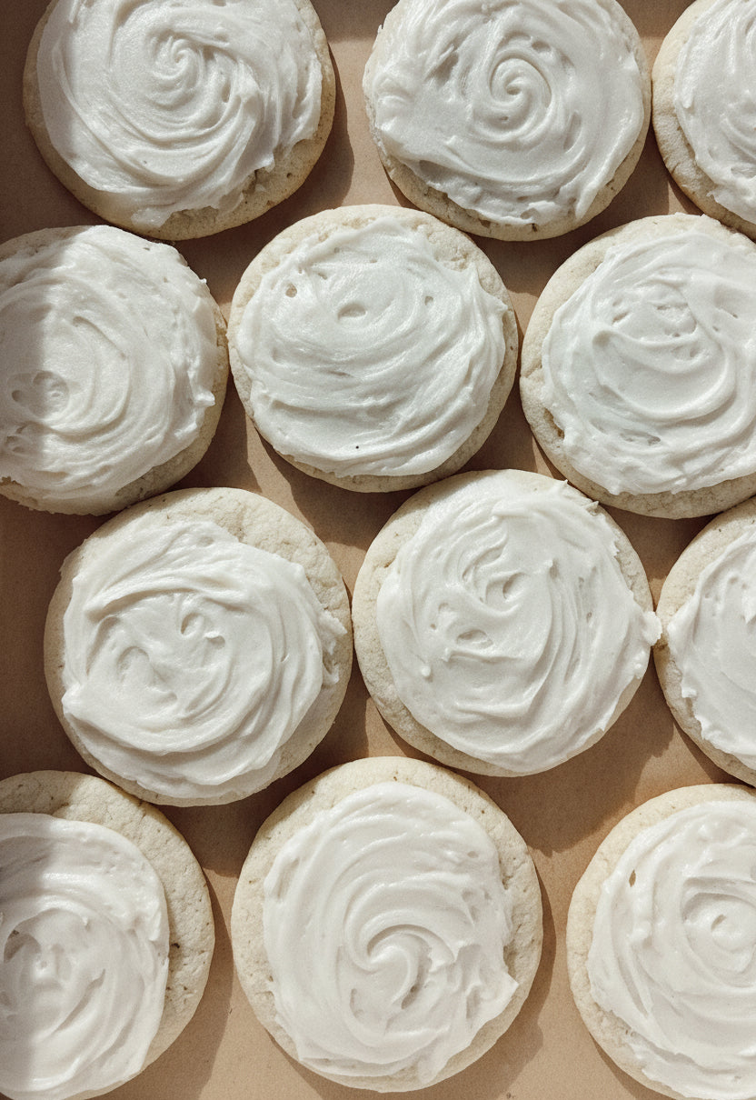 Cookies with white frosting and red, green, and white sprinkles on a brown surface